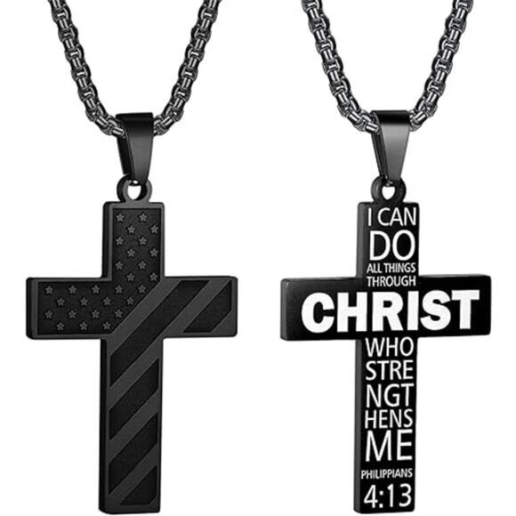 Black American Flag Christ Cross Necklace Men Stainless Steel Box Chain 22 inch - Picture 7 of 7
